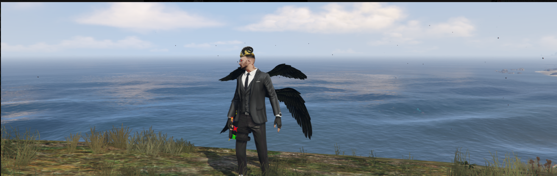 A GTA roleplay character in a suit standing on a coastline with dark wings